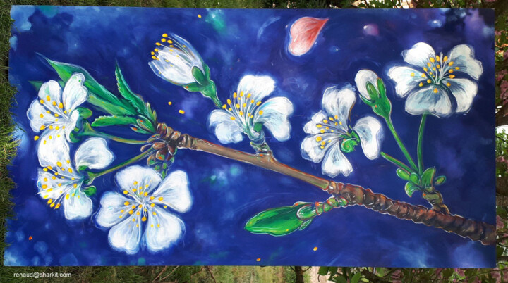 Painting titled "Fleurs de cerisier" by Renaud Mangallon, Original Artwork, Oil