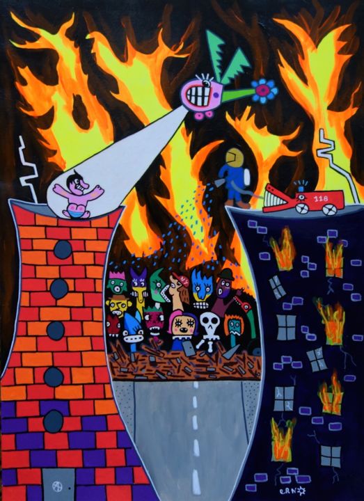 Peinture intitulée ""City on fire"" par Erno, Œuvre d'art originale, Acrylique