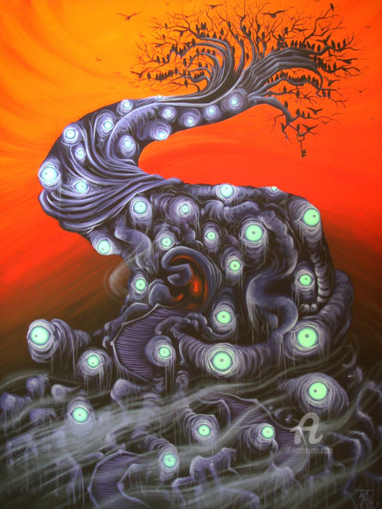 Peinture intitulée "Sur un arbre perché…" par Renaud Bourdon, Œuvre d'art originale, Huile