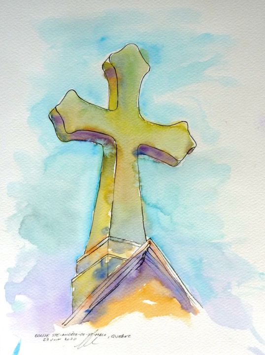 Dibujo titulada "Croix de l'église S…" por René Blanchet, Obra de arte original, Acuarela