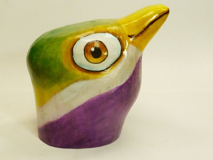 Sculpture intitulée "La tête en couleur" par René Blanchet, Œuvre d'art originale, Bois