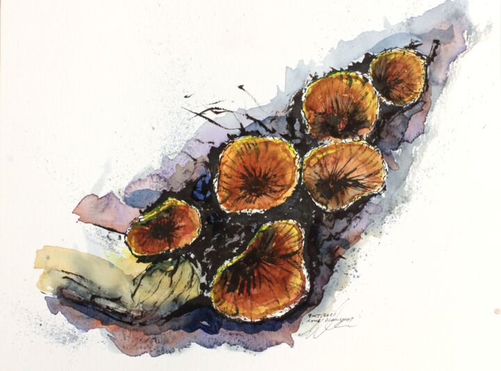 Drawing titled "Champignons trompet…" by René Blanchet, Original Artwork, Ink