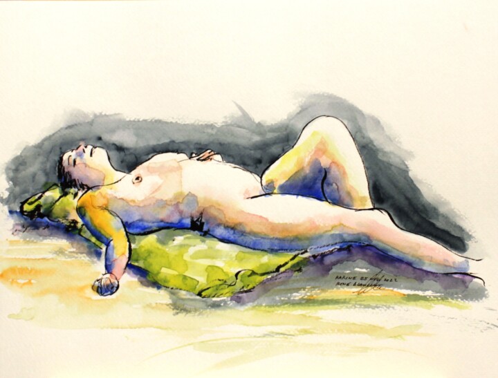 Dessin intitulée "Karine nue sur le d…" par René Blanchet, Œuvre d'art originale, Encre