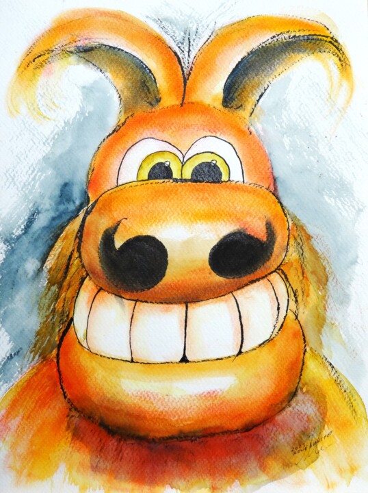 Drawing titled "Grand sourire" by René Blanchet, Original Artwork, Watercolor