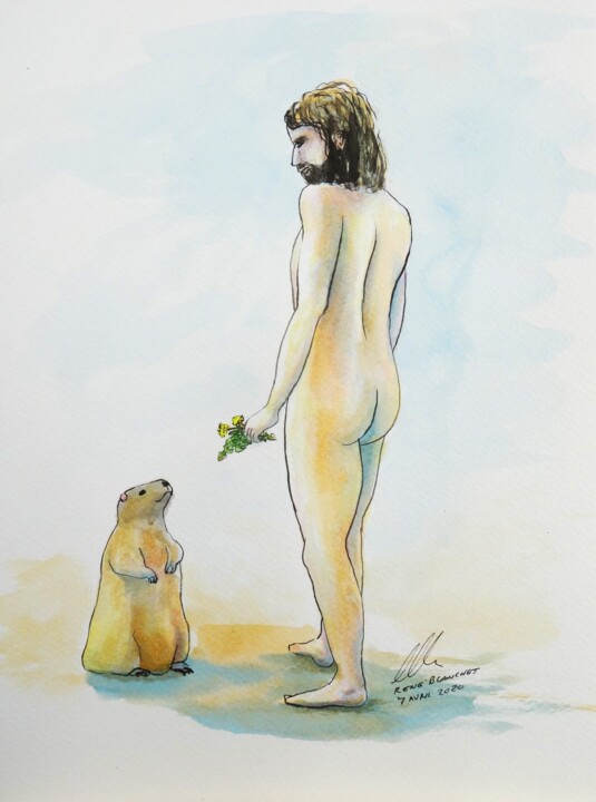 Drawing titled "Dieu Grec nourrissa…" by René Blanchet, Original Artwork, Watercolor