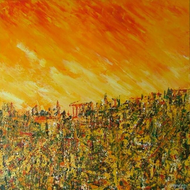 Peinture intitulée "Flammes sur l'Acrop…" par René Vincent-Viry, Œuvre d'art originale, Huile