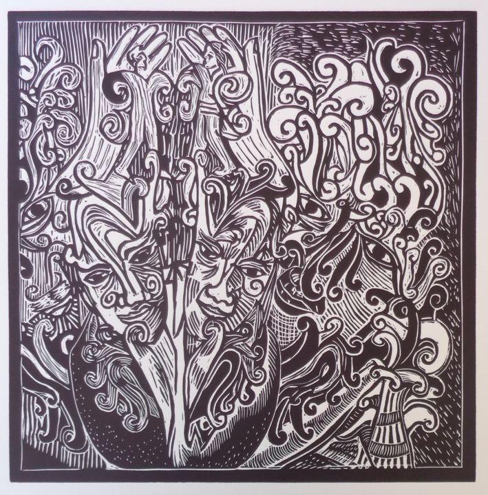 Gravures & estampes intitulée "Sueño Floreado" par Rene Hugo Arceo, Œuvre d'art originale, Linogravures