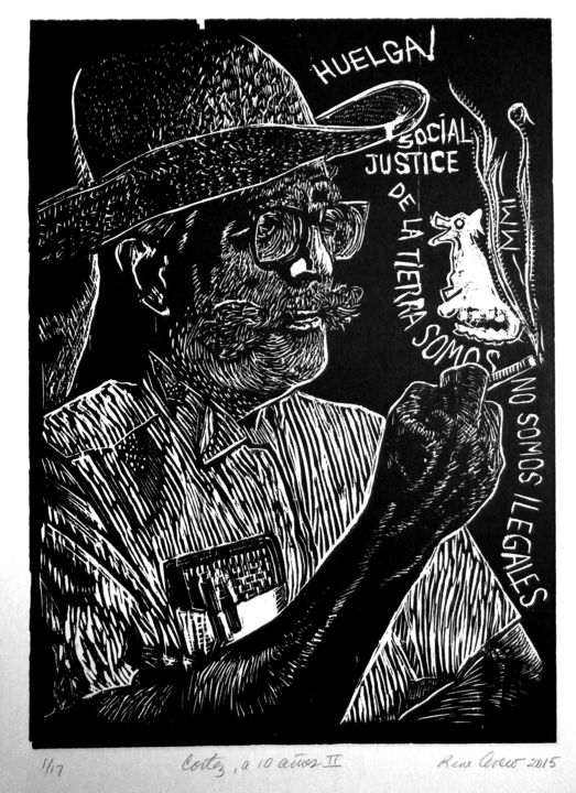 Prenten & gravures getiteld "Cortez a 10 anios" door Rene Hugo Arceo, Origineel Kunstwerk, Xylograaf