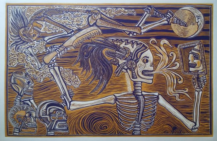 Printmaking titled "Calaca Embelleciend…" by Rene Hugo Arceo, Original Art, Linocuts
