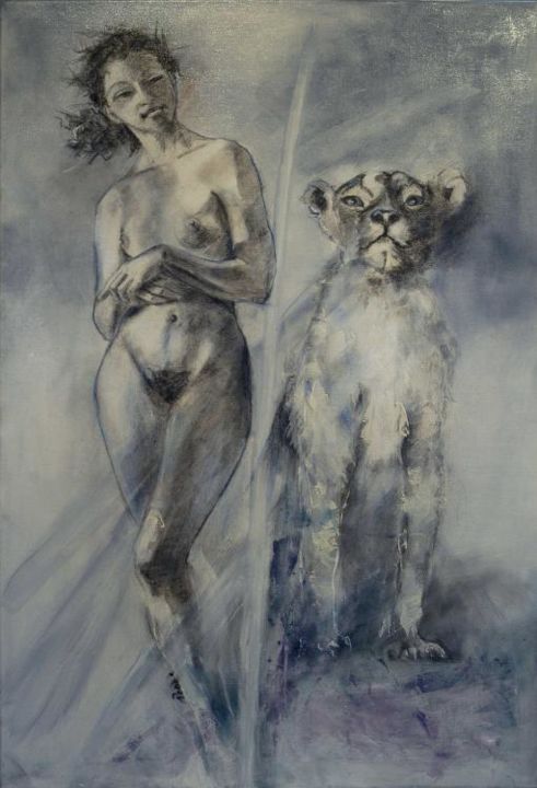 Painting titled "Nu et lionne" by Renée, Original Artwork