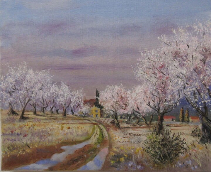 Pittura intitolato "cerisiers en fleurs" da Renée Estebanez, Opera d'arte originale, Olio
