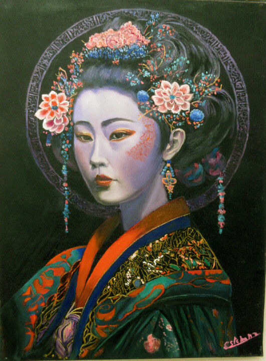 Painting titled "mei" by Renée Estebanez, Original Artwork, Oil Mounted on Wood Stretcher frame