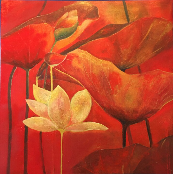 Painting titled "Lotus’or" by Renée Oconel, Original Artwork, Acrylic Mounted on Wood Stretcher frame