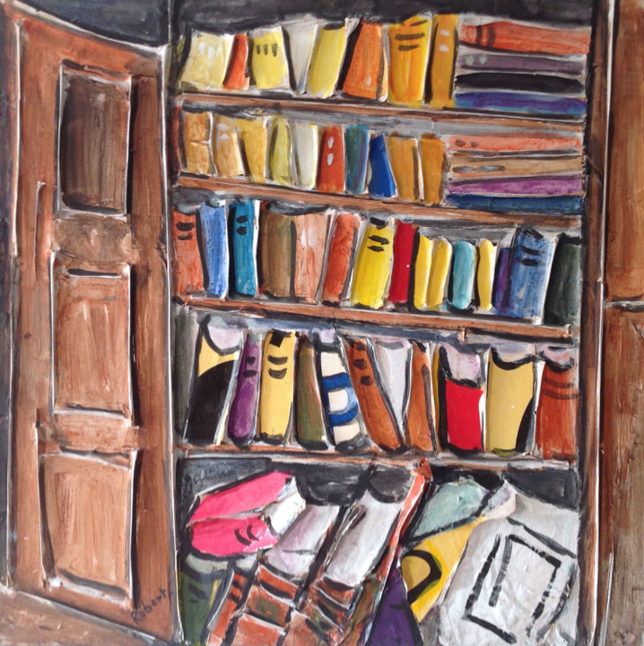 Painting titled "bibliothèque" by Maurice Gérard Robert, Original Artwork, Acrylic Mounted on Wood Stretcher frame