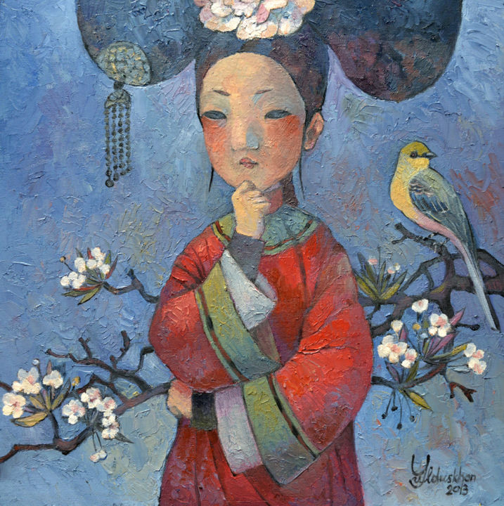 Painting titled "The Spring" by Yulduskhon, Original Artwork, Oil Mounted on Wood Stretcher frame