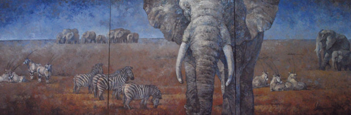 Painting titled "Savannah" by Yulduskhon, Original Artwork, Oil Mounted on Wood Stretcher frame