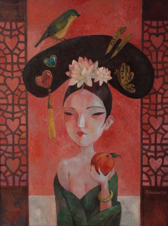 Картина под названием "Queen of hearts" - Yulduskhon, Подлинное произведение искусства, Масло Установлен на Деревянная рама…