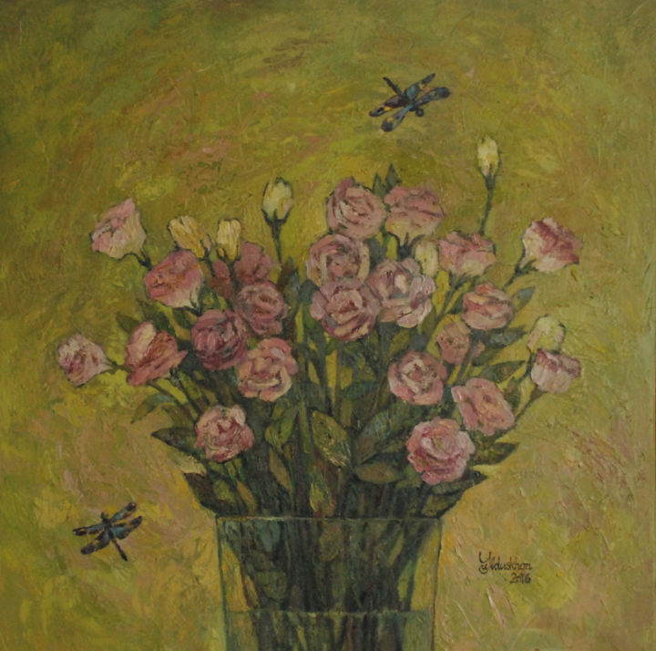 Painting titled "Roses&Dragonflies." by Yulduskhon, Original Artwork, Oil Mounted on Wood Stretcher frame