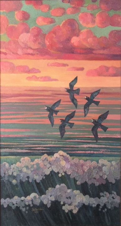 「Sunset&birds」というタイトルの絵画 Yulduskhonによって, オリジナルのアートワーク, オイル ウッドストレッチャーフレームにマウント