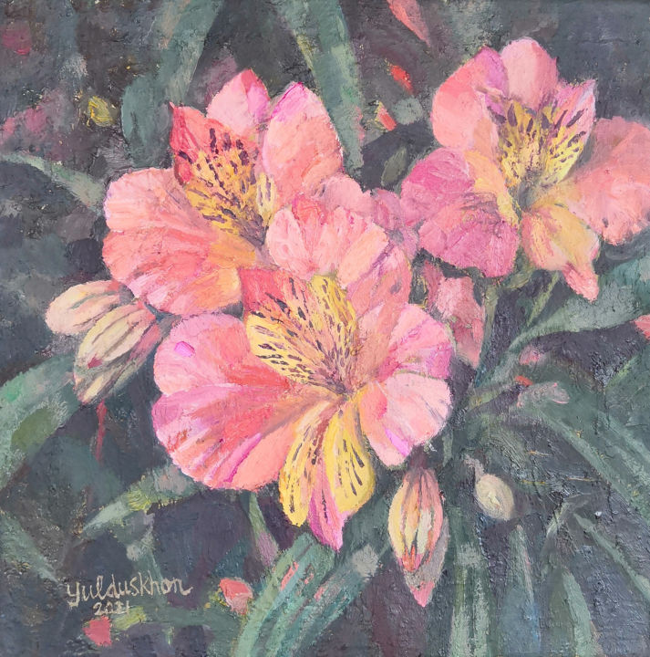 Peinture intitulée "Pink Blooms" par Yulduskhon, Œuvre d'art originale, Huile Monté sur Châssis en bois