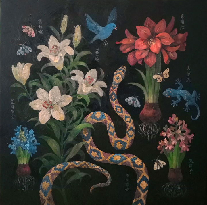 Картина под названием "The Garden. Self-po…" - Yulduskhon, Подлинное произведение искусства, Масло Установлен на Деревянная…