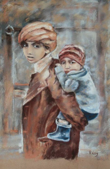 Drawing titled "Frère et soeur" by Résy, Original Artwork, Pastel
