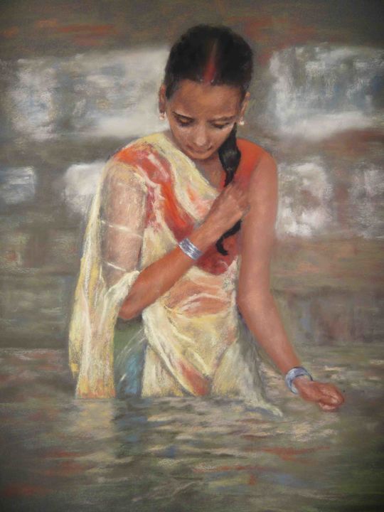 Dessin intitulée "Indienne au bain" par Résy, Œuvre d'art originale, Pastel