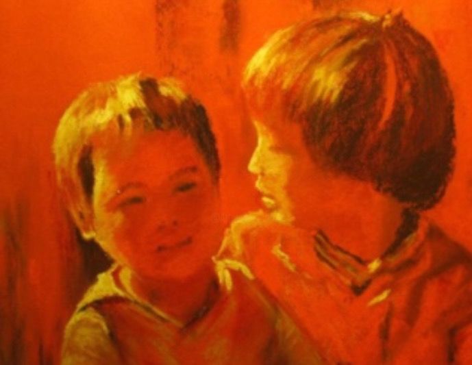 Drawing titled "Enfants chinois" by Résy, Original Artwork, Pastel