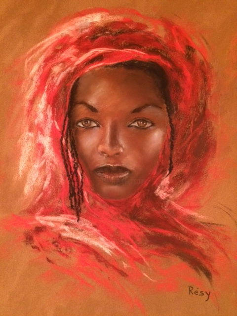 Dessin intitulée "africaine au voile…" par Résy, Œuvre d'art originale, Pastel