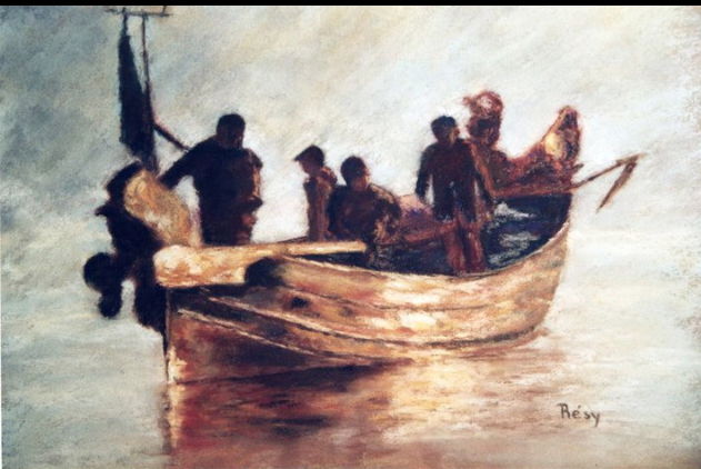 Desenho intitulada "Retour de pêche" por Résy, Obras de arte originais, Pastel