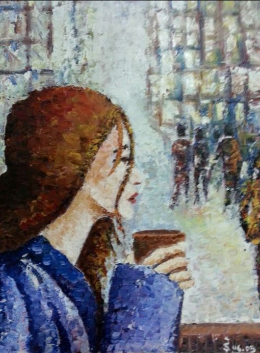 "Kahve içen bayan" başlıklı Tablo İShak Şafak tarafından, Orijinal sanat, Petrol