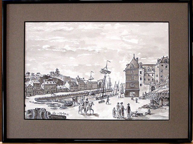 Drawing titled "Port de Morlaix 1827" by Joël Le Jeune, Original Artwork