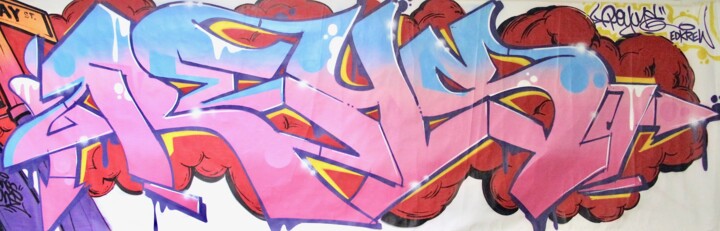 Schilderij getiteld "Reys EDK Maxi-format" door Rey Oner, Origineel Kunstwerk, Graffiti Gemonteerd op Frame voor houten bran…