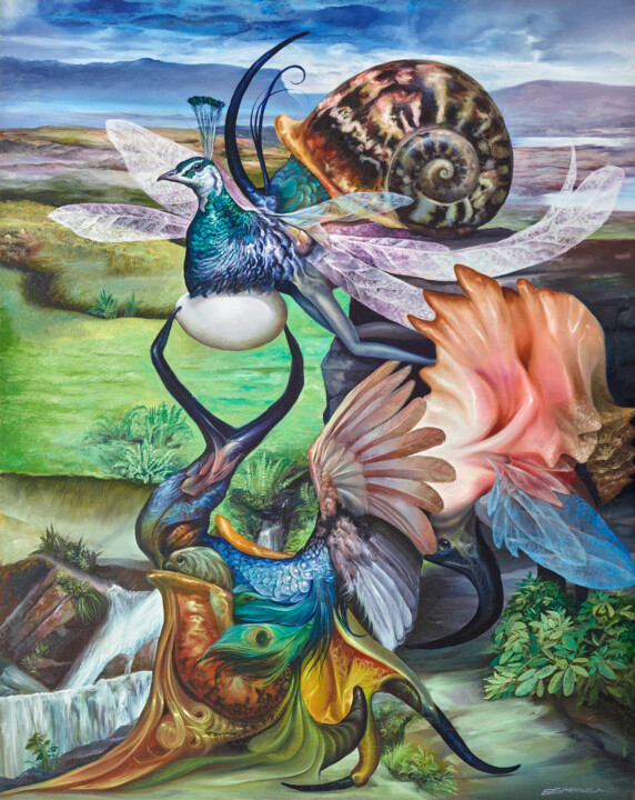 Painting titled "The Peacock without…" by Reydel Espinosa Fernandez, Original Artwork, Oil Mounted on Wood Stretcher frame