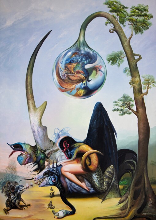 Painting titled "The Encounter 2" by Reydel Espinosa Fernandez, Original Artwork, Oil