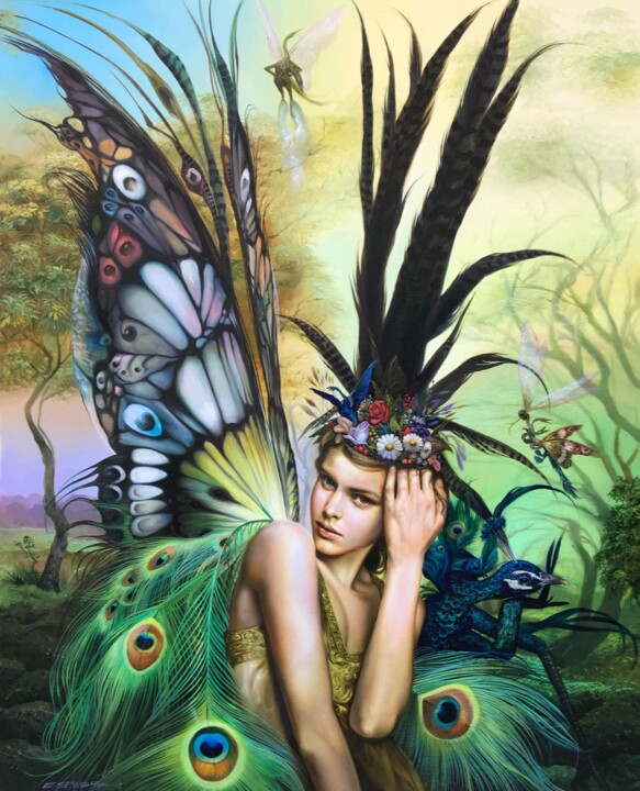 Schilderij getiteld "The Peacock Fairy" door Reydel Espinosa Fernandez, Origineel Kunstwerk, Olie