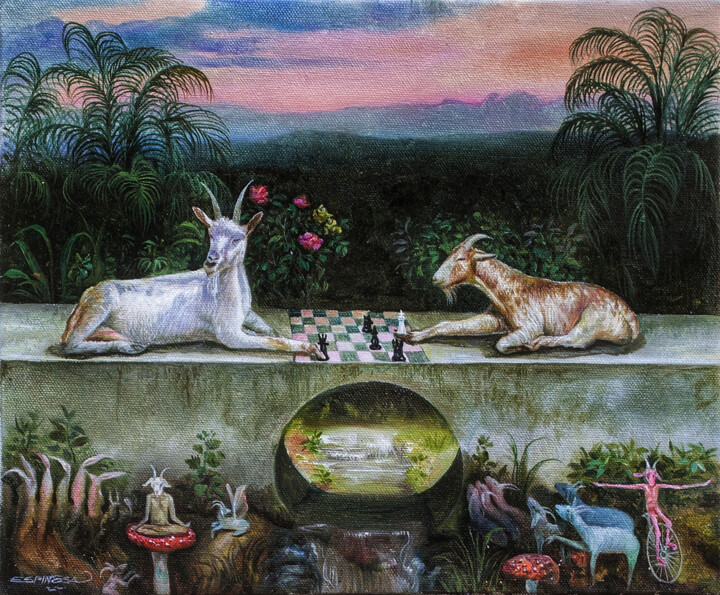 Painting titled "Goat Chess Players" by Reydel Espinosa Fernandez, Original Artwork, Oil