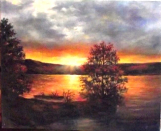 Painting titled "Tramonto sul lago -…" by Rezida Bashirova, Original Art,