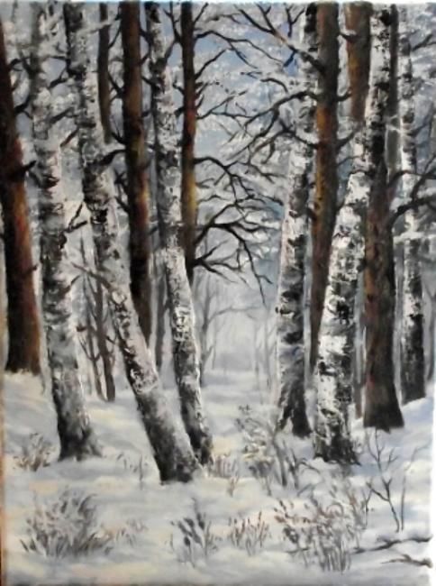 Painting titled "Nevicata nel bosco" by Rezida Bashirova, Original Art, Oil