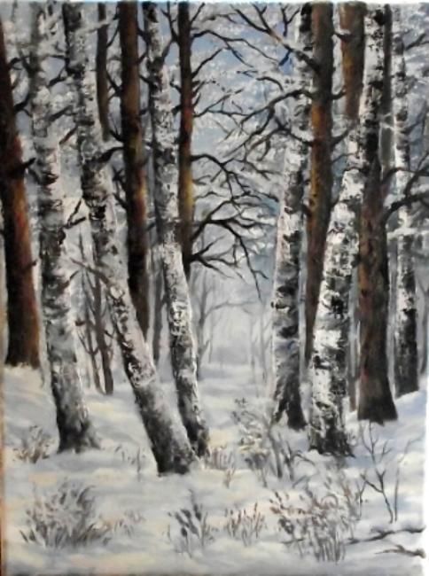 Painting titled "Nevicata nel bosco" by Rezida Bashirova, Original Artwork, Oil