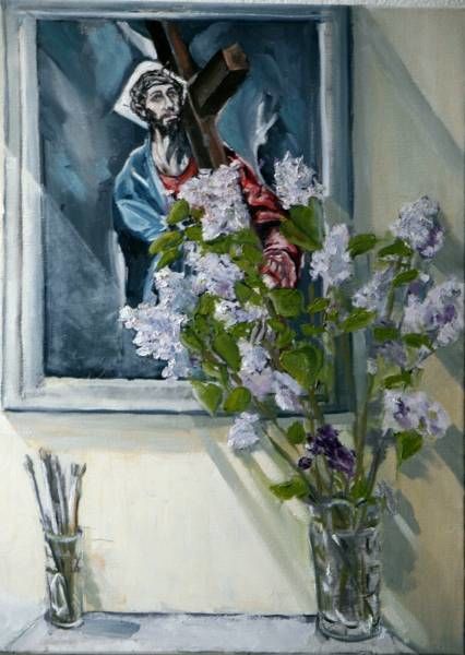 Painting titled "Jesus___lilack_smal…" by Gennadi Finkelstein (rfmetro), Original Artwork, Oil