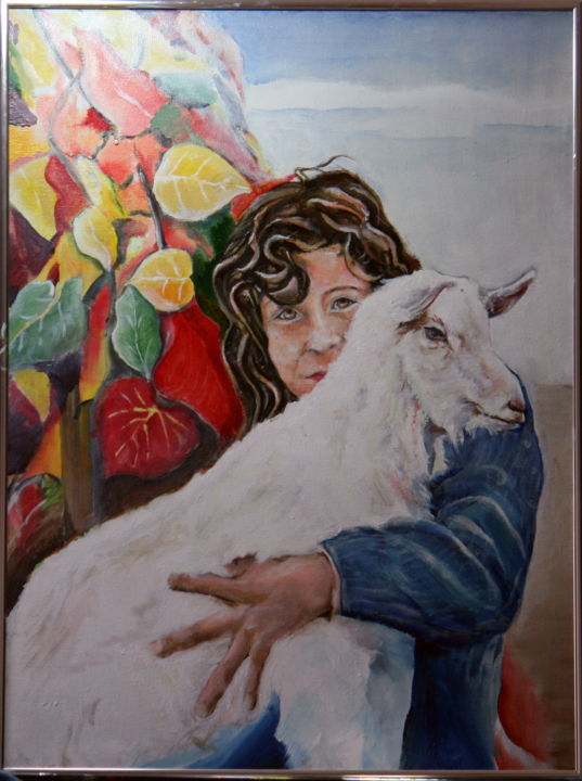 Peinture intitulée "girl-with-the-goat.…" par Gennadi Finkelstein (rfmetro), Œuvre d'art originale, Gouache