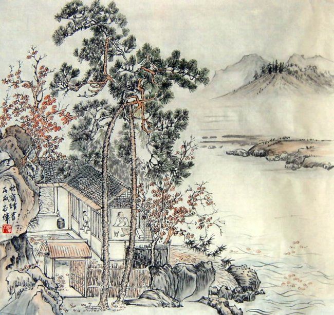 Gravures & estampes intitulée "秋窗读书图" par Wei Shi, Œuvre d'art originale, Gravure