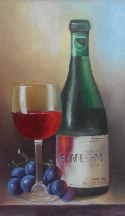 Pintura intitulada "Vinho, taça e uvas" por Rhisia Souza, Obras de arte originais, Tinta