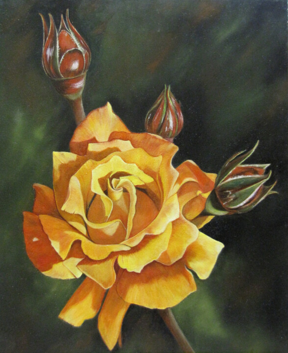 Painting titled "gele roos" by Ria Strijker, Original Artwork, Oil