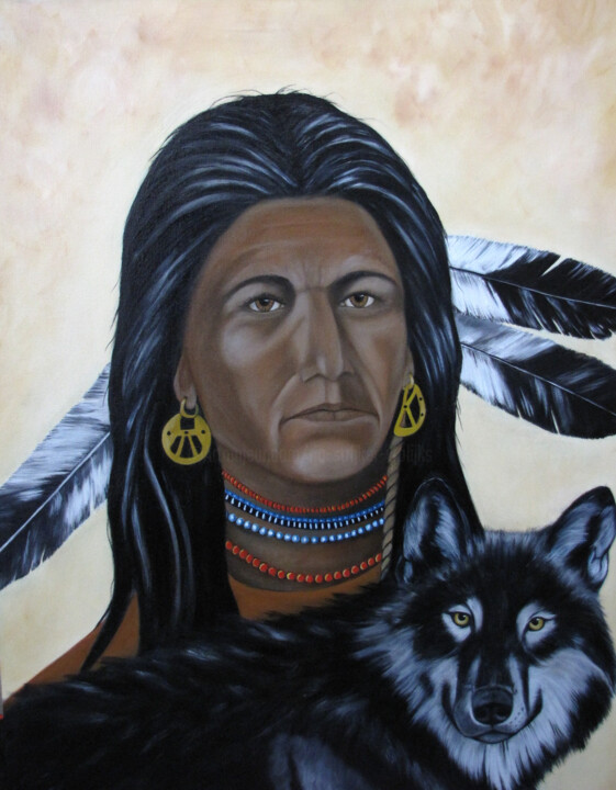Painting titled "Indiaan/wolf" by Ria Strijker, Original Artwork, Oil