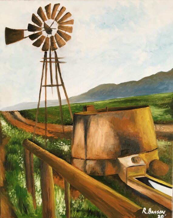 Painting titled "Windmill on a farm" by Riaan Basson, Original Artwork, Oil