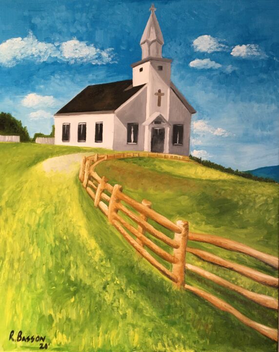 Painting titled "Church on the hill" by Riaan Basson, Original Artwork, Oil