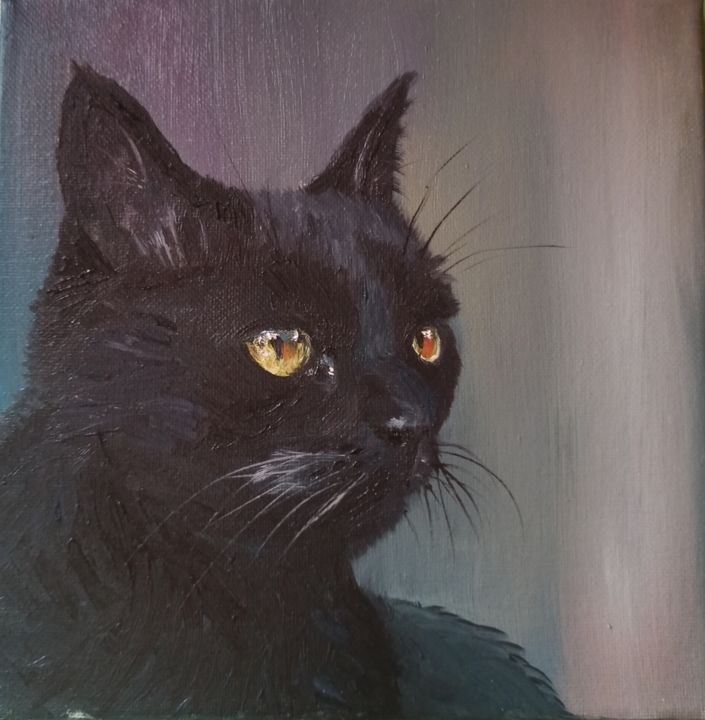 Painting titled "Black cat" by Svitlana Tokmakova, Original Artwork, Oil
