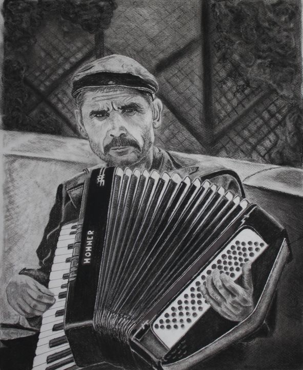 Рисунок под названием "L'accordéoniste" - Natacha Ribet, Подлинное произведение искусства, Древесный уголь